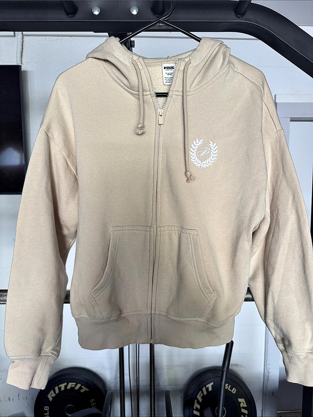 PINK Zip Hoodie with Laurel Graphic in Beige Size XS